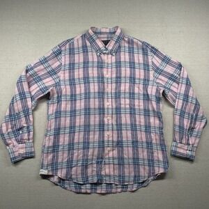 MIne Shirt Mens L 100% Linen London Milan New York Springy Plaid Tartan Beachy